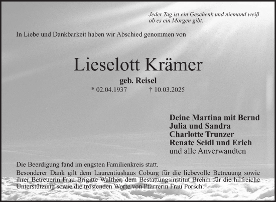 Traueranzeige von Lieselott Krämer von Neue Presse Coburg