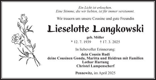 Traueranzeige von Lieselotte Langkowski von Südthüringer Presse
