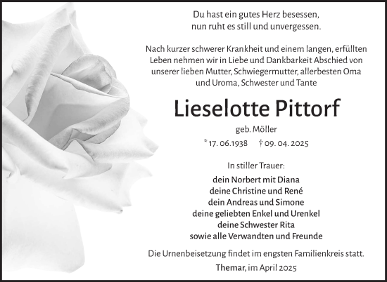 Traueranzeige von Lieselotte Pittrorf von Südthüringer Presse
