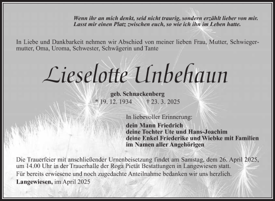 Traueranzeige von Lieselotte Unbehaun von Südthüringer Presse