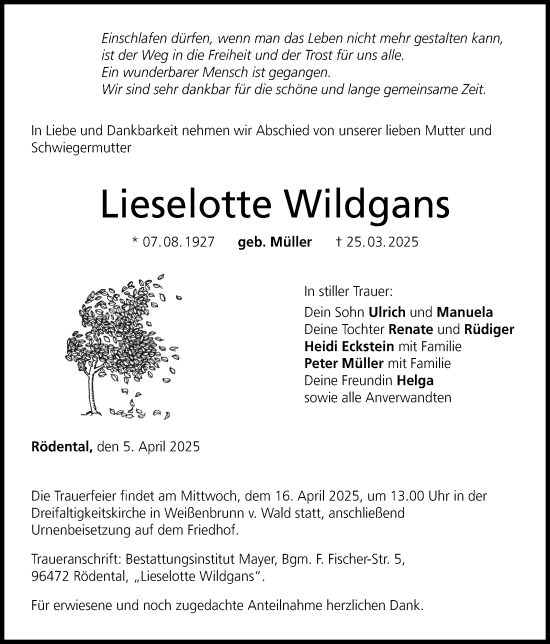 Traueranzeige von Lieselotte Wildgans von Neue Presse Coburg