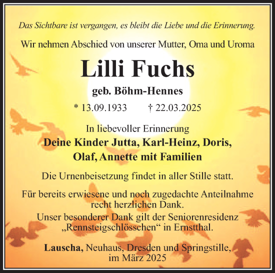 Traueranzeige von Lilli Fuchs von Südthüringer Presse