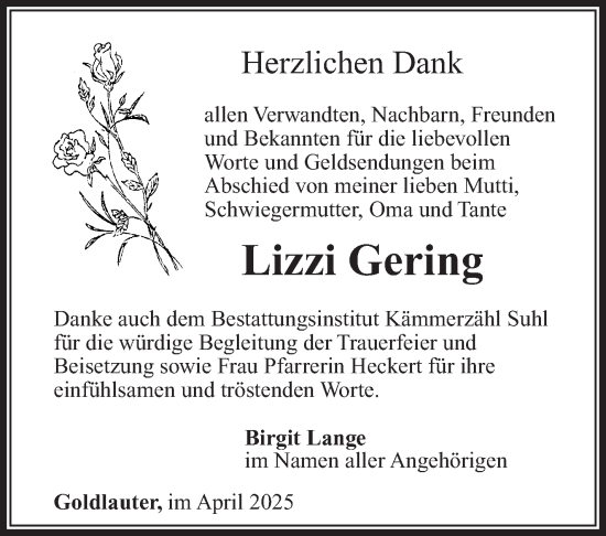 Traueranzeige von Lizzi Gering von Südthüringer Presse