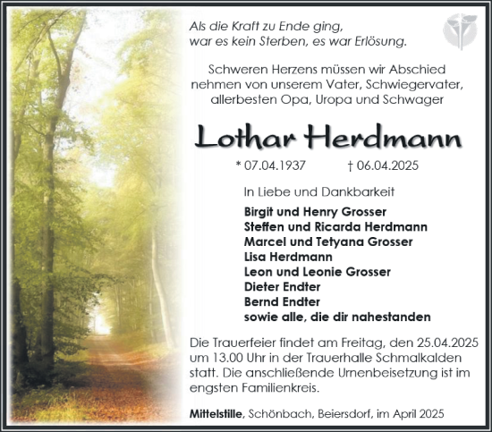 Traueranzeige von Lothar Herdmann von Südthüringer Presse