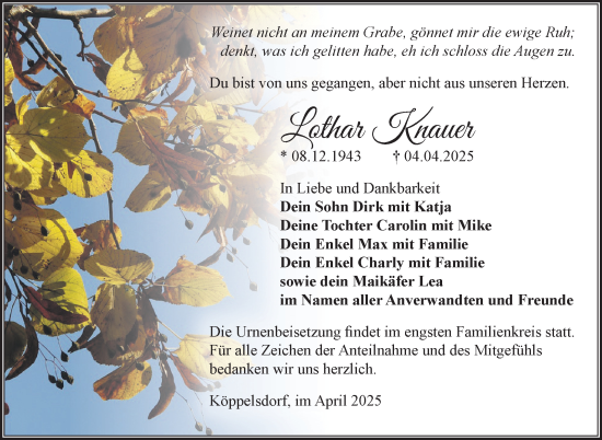 Traueranzeige von Lothar Knauer von Südthüringer Presse