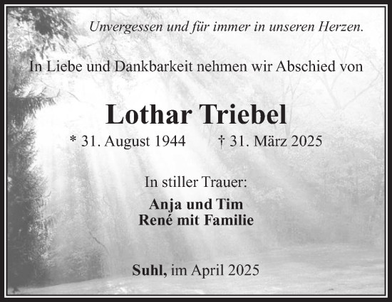Traueranzeige von Lothar Triebel von Südthüringer Presse