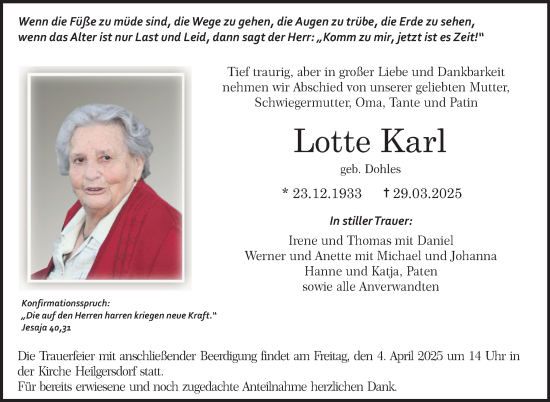 Traueranzeige von Lotte Karl von Neue Presse Coburg
