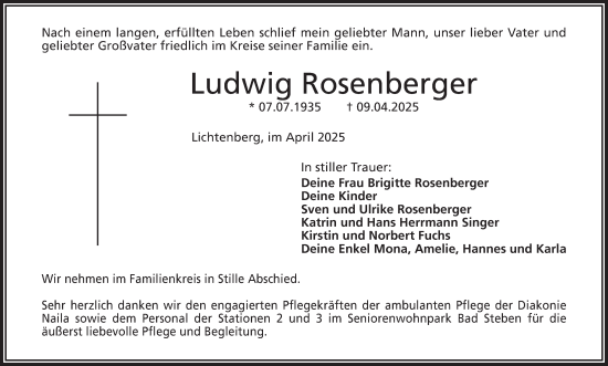 Traueranzeige von Ludwig Rosenberger von Frankenpost
