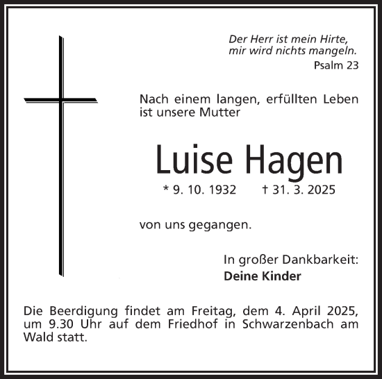 Traueranzeige von Luise Hagen von Frankenpost
