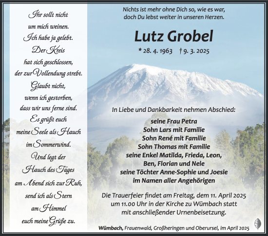 Traueranzeige von Lutz Grobel von Südthüringer Presse