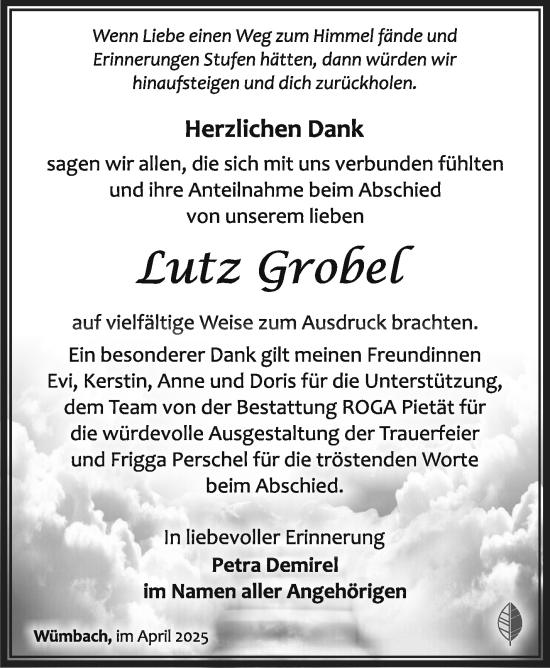 Traueranzeige von Lutz Grobel von Südthüringer Presse