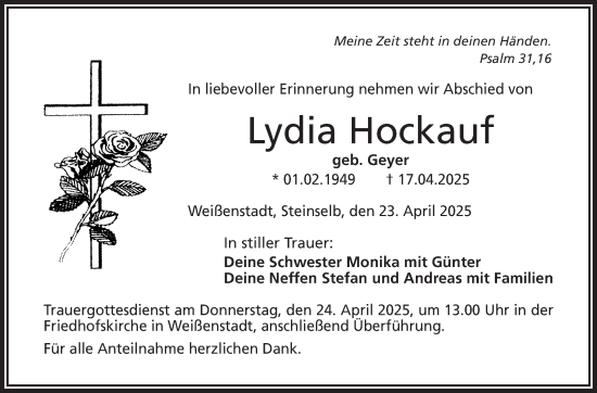 Traueranzeige von Lydia Hockauf von Frankenpost