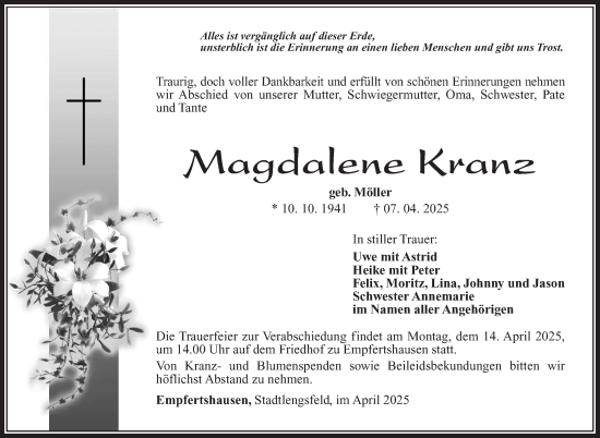 Traueranzeige von Magdalene Kranz von Südthüringer Presse