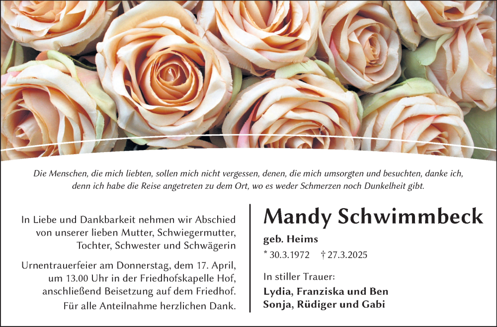  Traueranzeige für Mandy Schwimmbeck vom 12.04.2025 aus Frankenpost