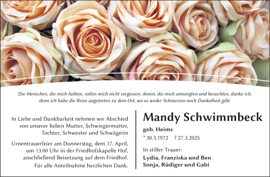 Traueranzeige von Mandy Schwimmbeck von Frankenpost