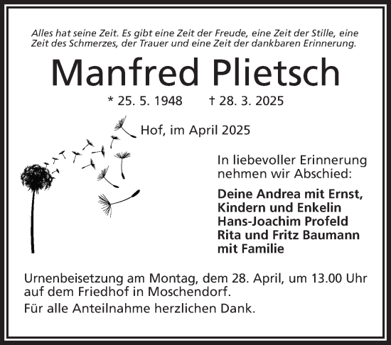 Traueranzeige von Manfred Plietsch von Frankenpost