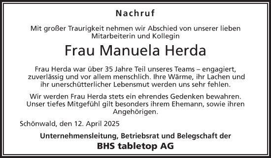 Traueranzeige von Manuela Herda von Frankenpost