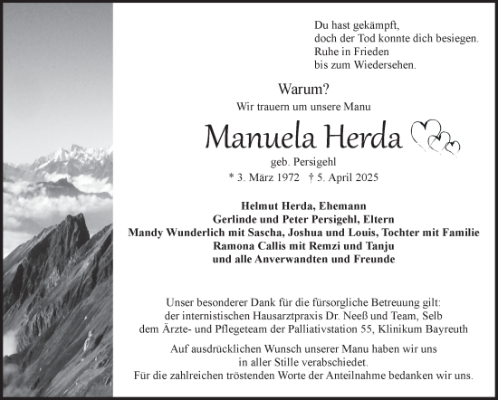 Traueranzeige von Manuela Herda von Frankenpost