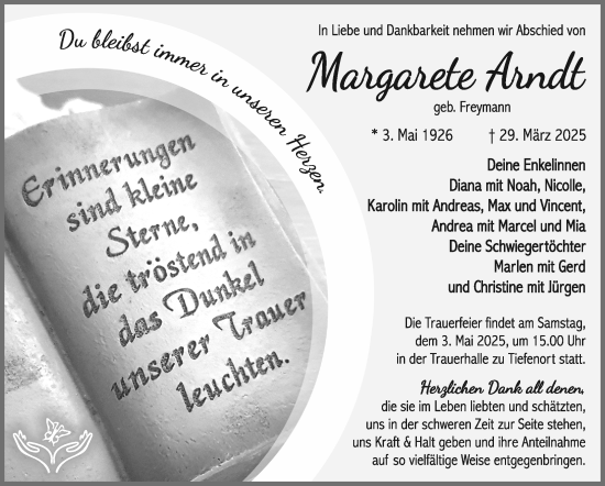 Traueranzeige von Margarete Arndt von Südthüringer Presse