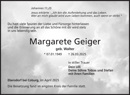 Traueranzeige von Margarete Geiger von Neue Presse Coburg