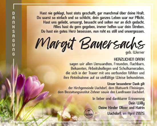 Traueranzeige von Margit Bauersachs von Südthüringer Presse