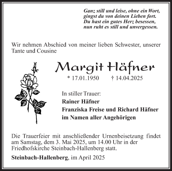 Traueranzeige von Margit Häfner von Südthüringer Presse