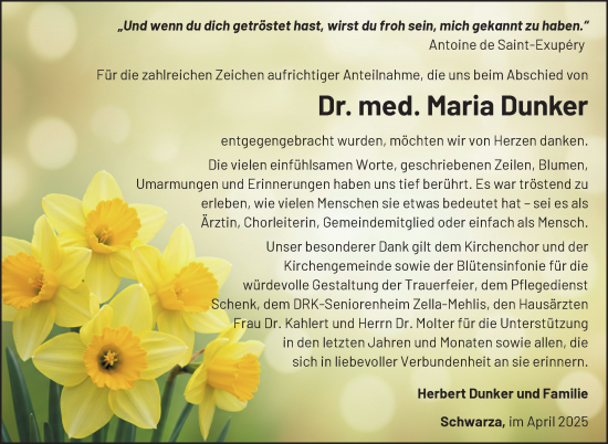 Traueranzeige von Maria Dunker von Südthüringer Presse