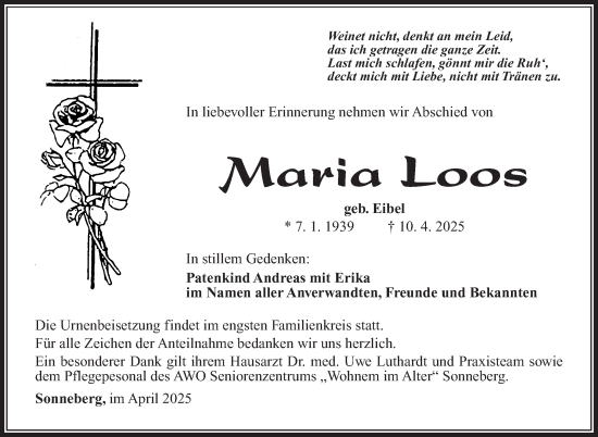 Traueranzeige von Maria Loos von Südthüringer Presse
