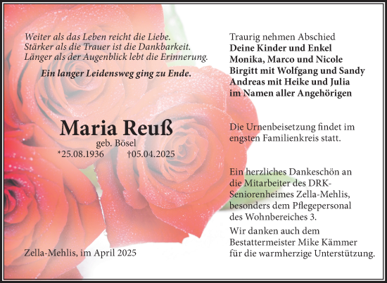 Traueranzeige von Maria Reuß von Südthüringer Presse