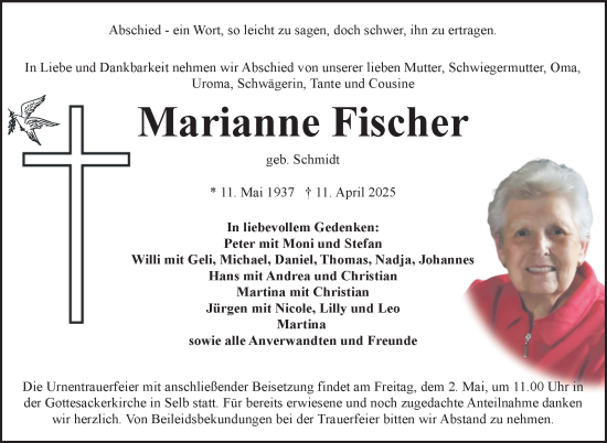 Traueranzeige von Marianne Fischer von Frankenpost