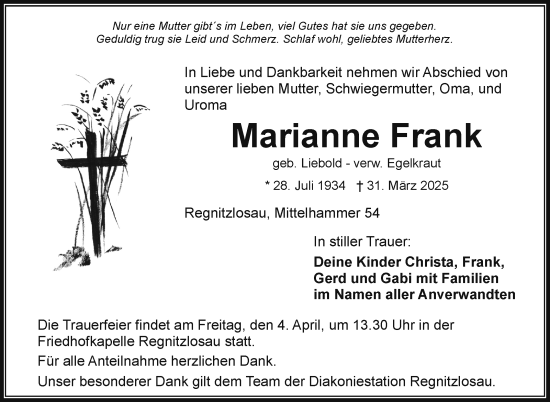 Traueranzeige von Marianne Frank von Frankenpost
