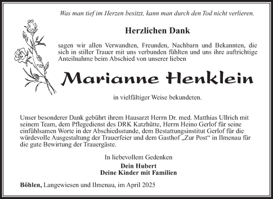 Traueranzeige von Marianne Henklein von Südthüringer Presse