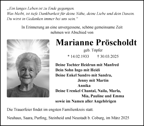 Traueranzeige von Marianne Pröscholdt von Südthüringer Presse