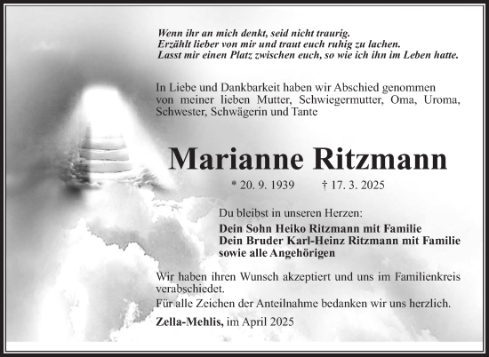 Traueranzeige von Marianne Ritzmann von Südthüringer Presse