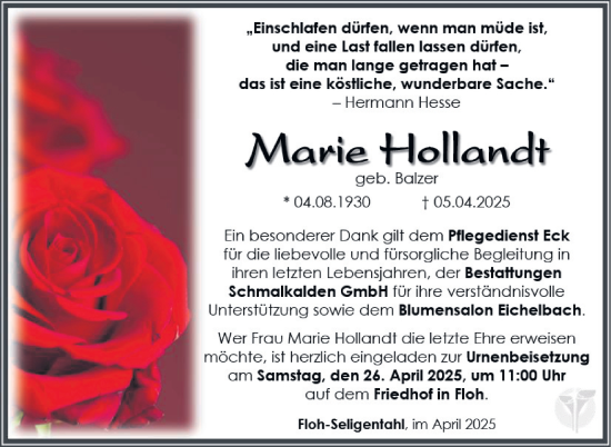 Traueranzeige von Marie Hollandt von Südthüringer Presse