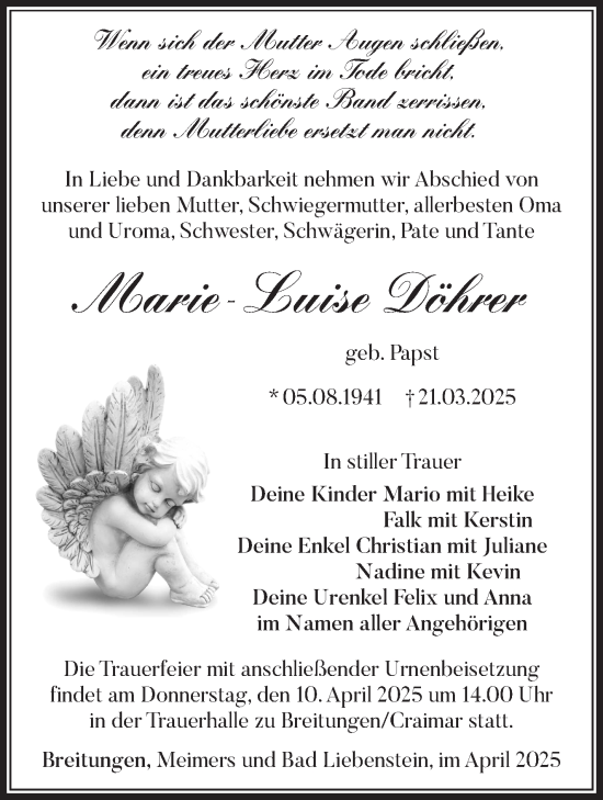 Traueranzeige von Marie-Luise Döhrer von Südthüringer Presse