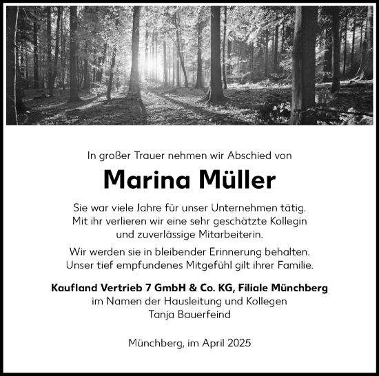 Traueranzeige von Marina Müller von Frankenpost