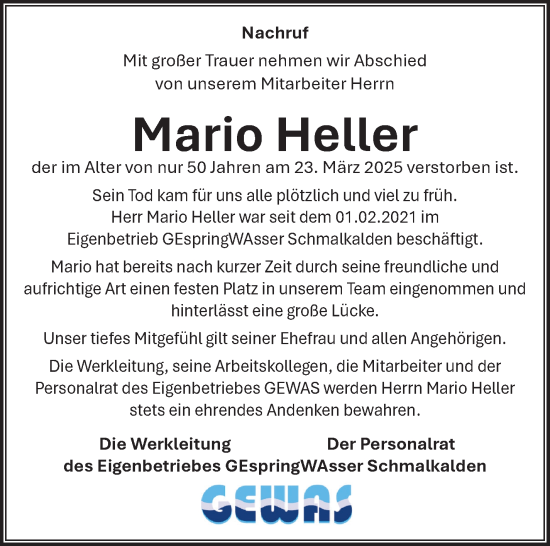 Traueranzeige von Mario Heller von Südthüringer Presse