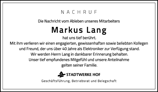 Traueranzeige von Markus Lang von Frankenpost