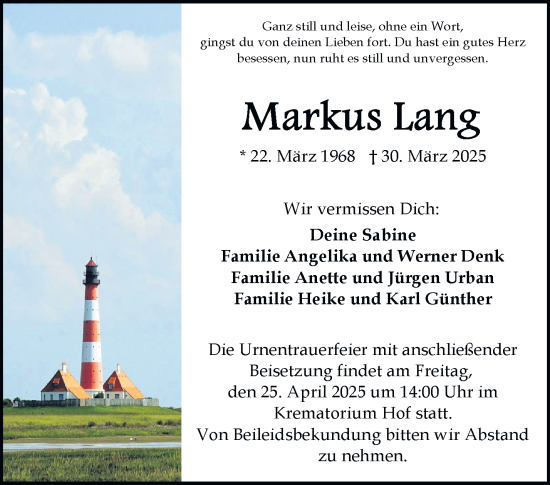 Traueranzeige von Markus Lang von Frankenpost