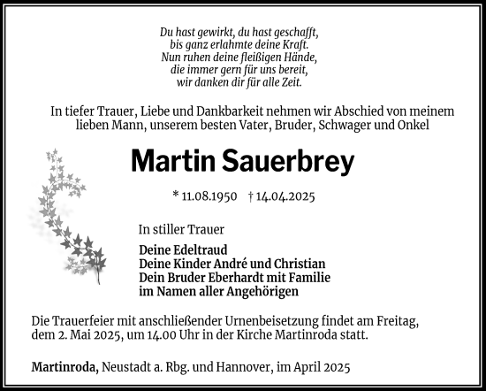 Traueranzeige von Martin Sauerbrey von Südthüringer Presse