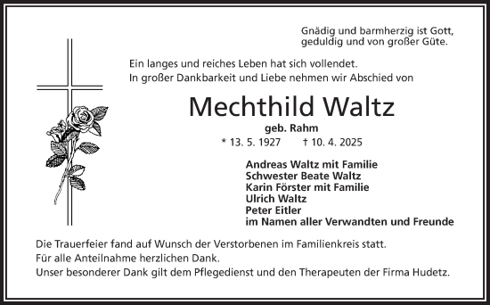 Traueranzeige von Mechthild Waltz von Frankenpost