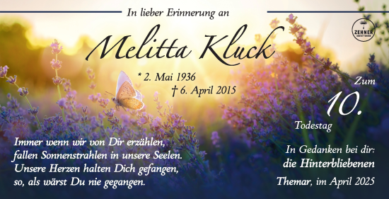 Traueranzeige von Melitta Kluck von Südthüringer Presse