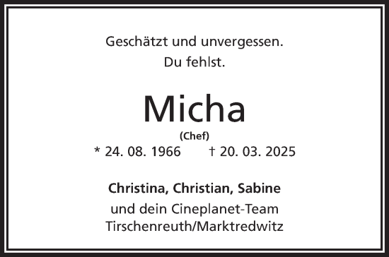 Traueranzeige von Micha  von Frankenpost