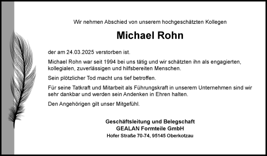 Traueranzeige von Michael Rohn von Frankenpost