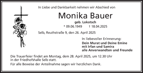 Traueranzeige von Monika Bauer von Frankenpost
