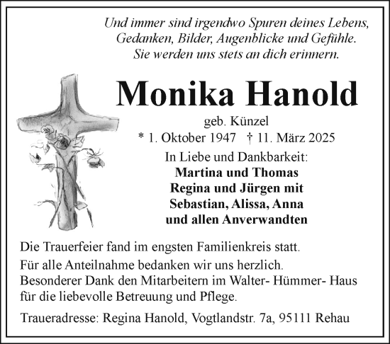 Traueranzeige von Monika Hanold von Frankenpost