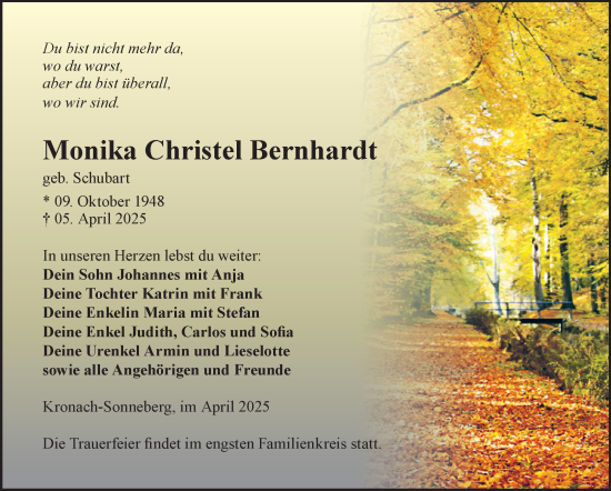 Traueranzeige von Monika Christel Bernhardt von Südthüringer Presse