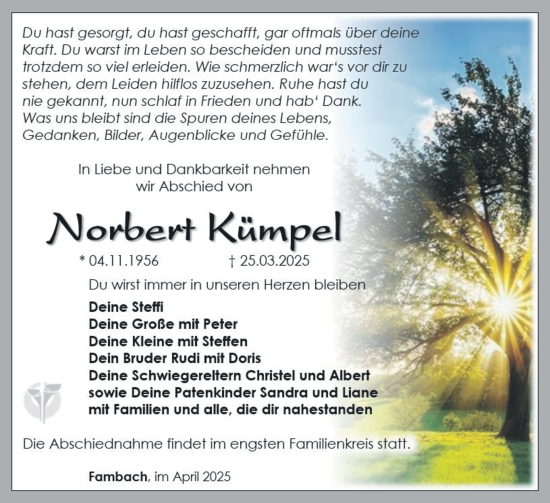 Traueranzeige von Norbert Kümpel von Südthüringer Presse
