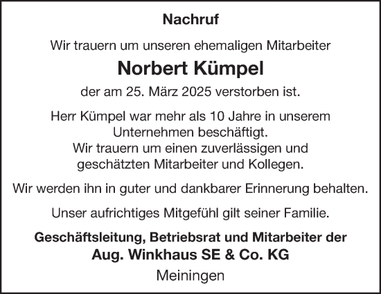 Traueranzeige von Norbert Kümpel von Südthüringer Presse